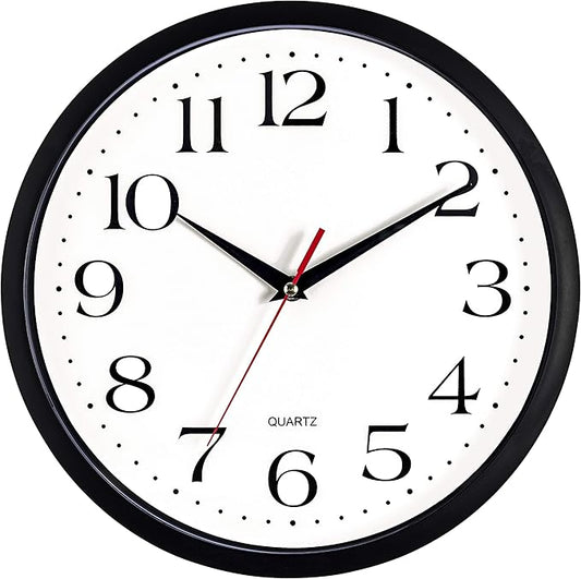 Bernhard Products Black Wall Clock Silent Non Ticking,12 Inch Quality Quartz Battery Operated Round Easy to Read Home/Office/Kitchen/Classroom/School Clock Sweep Movement (12 Inch)