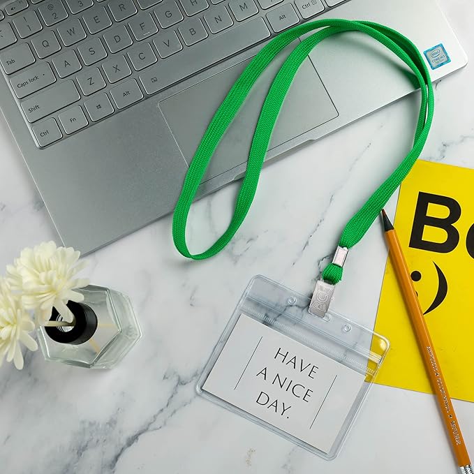 100Pcs Clear Plastic Horizontal Name Tags Badge ID Card Holders and 100Pcs Lanyards with with Clip lanyards for id Badges (Green)