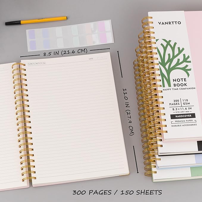 Hardcover Spiral Notebook, 8.5 x 11 IN Notebooks College Ruled, 110 GSM Thick Lined Paper Notebooks for Work, School and Travel, 300 Pages Journals for Writing, Large Journal for Women and Men Blue