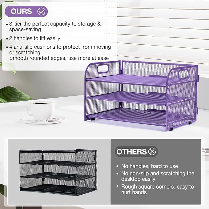3-Tier Letter Tray Paper Organizer with Handle,Compact Mesh Desk File Organizer for Home Office Supplies Desktop Accessories,Purple