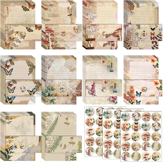 TaoBary 160 Packs Stationery Paper Set (50 Double Sided Stationery Writing Papers 50 Matching Envelopes) 60 Round Dot Sticker, 10 Design(8.5 x 11 Inch,Nature Vintage Style)