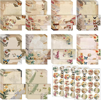 TaoBary 160 Packs Stationery Paper Set (50 Double Sided Stationery Writing Papers 50 Matching Envelopes) 60 Round Dot Sticker, 10 Design(8.5 x 11 Inch,Nature Vintage Style)