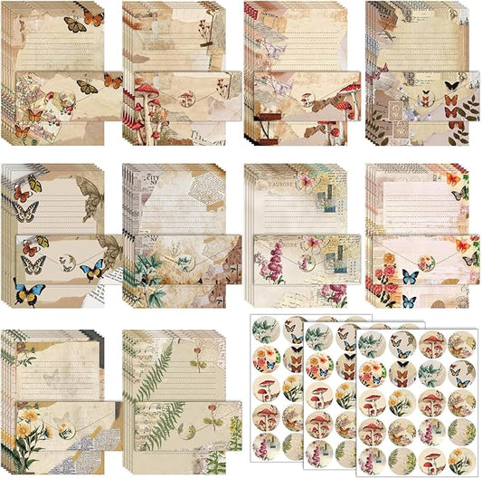 TaoBary 160 Packs Stationery Paper Set (50 Double Sided Stationery Writing Papers 50 Matching Envelopes) 60 Round Dot Sticker, 10 Design(8.5 x 11 Inch,Nature Vintage Style)