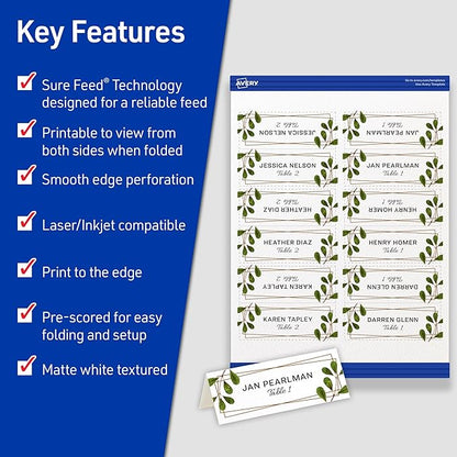 Avery Printable Place Cards with Sure Feed Technology, 1-7/16" x 3-3/4", Textured White, 150 Blank Tent Cards for Laser or Inkjet Printers (16109)