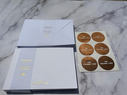 RUN2PRINT (36 Pack) Thank You Cards With Envelopes & Gift of 36 Foiled Stickers - Elegant Emboss Rose Gold Foil Pressed Blank Notes Wedding All Occasion Cards (White)