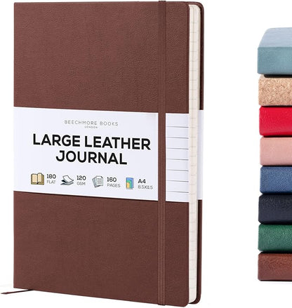 BEECHMORE BOOKS Lined Journal Notebook, 8.5 x 11.5 inch, A4 160 Lined Pages, Hardcover Leather Journals for Women, Men, Writing and Notebooks for Work - 120 GSM Thick Paper, Gifts Box Included (Chestnut Brown)