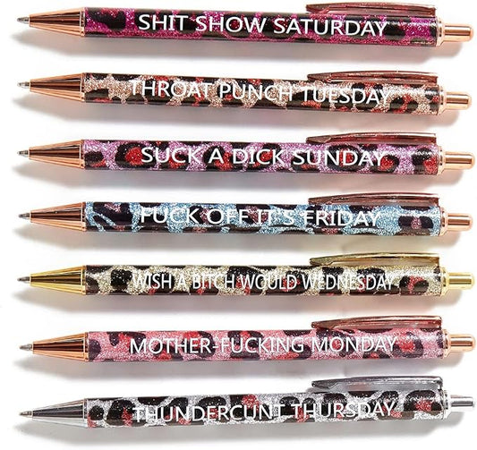 7pcs Leopard Pens Ballpoint Pens, Spoof Fun Ballpoint Pen Set，Black Ink Novelty Metal Pens Swear Word Daily Pen Set