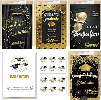 Graduation Cards, Graduation Gifts for Her Him, Black and Gold, Congratulations Grad with Envelope Sticker - Blank Inside