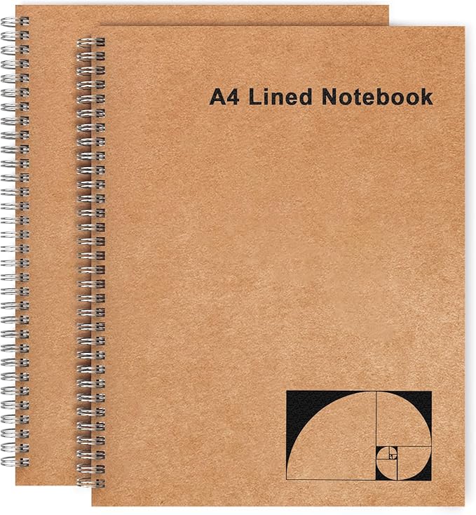 A4 Lined Spiral Notebook, 2 Pack Large Spiral Journal for Writing, 200 Pages 100gsm Thick Lined Paper Notebooks for Work, Class, Taking Notes, Drawing - Kraft Brown Cover, 8.5" x 11"