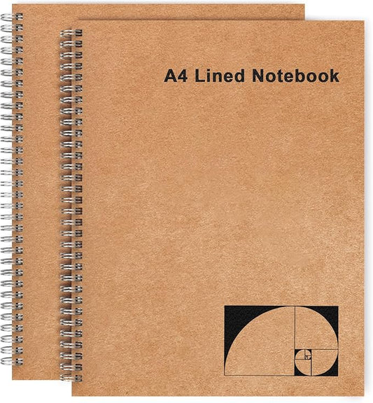 A4 Lined Spiral Notebook, 2 Pack Large Spiral Journal for Writing, 200 Pages 100gsm Thick Lined Paper Notebooks for Work, Class, Taking Notes, Drawing - Kraft Brown Cover, 8.5" x 11"