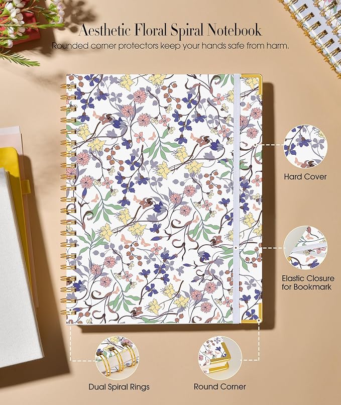 Cute Spiral Notebook Journal for Women, 160 Pages Lined Notebooks 5.75” x 8.38”, A5 Hardcover Spiral Journals with 100 GSM Thick Paper, College Ruled Notebook for Writing Work School, Purple Floral
