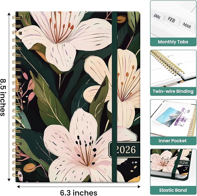 2026 Planner, Aesthetic Weekly and Monthly Planner for Women, Jan 2026 to Dec 2026, Hardcover 2026 Calendar Book with Monthly Tabs, Inner Pocket, Perfect for Office Home School - A5 (6.3" x 8.5"), Soft Lily