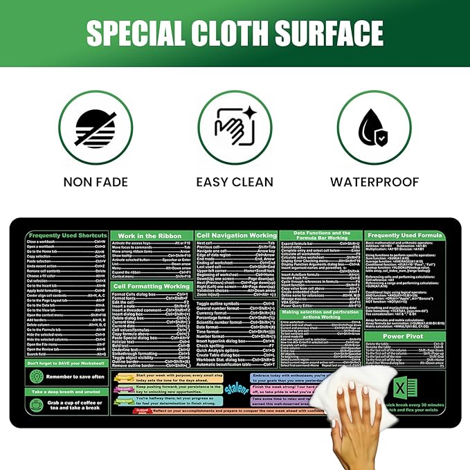 Excel Shortcuts Mouse Pad - XXL Extended Office Desk Mat (35.4"x15.7") - Cheat Sheet Keyboard Mat, Stitched Edges, Non-Slip Base, Spill-Resistant Surface - Employee Appreciation Gifts