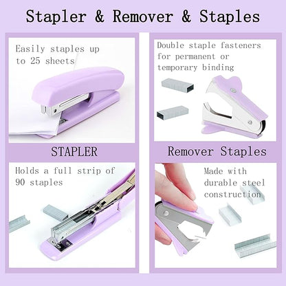 Purple Office Desk Accessories Supplies, 12pcs Desk Organizers and Accessories with Tape dispenser and Stapler,Staples,Staple Remover,Pen Holder,Scissor,Ruler,Sticky Tabs,Tape,Ballpoint Pen,Clips Set