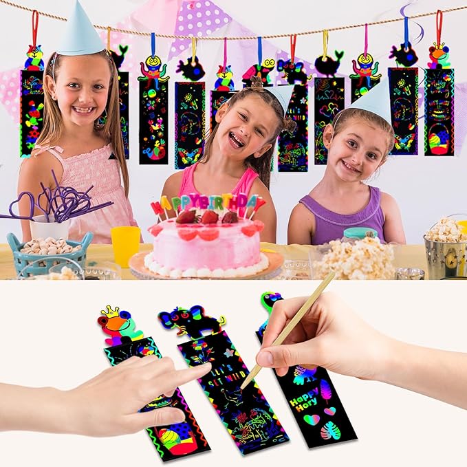100Pcs Scratch Art Bookmarks Making Kit for Kids, Scratch Paper DIY Animal Bookmarks Bulk with 100 Pcs Ribbons and 100 Pcs Wood Stylus for Classroom Activities Craft Supplies Party Favors