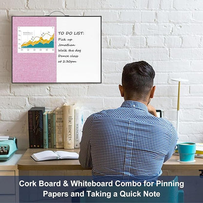 Small White Board Cork-Board Combo - 16 X 12 inches Pink Linen Board & Magnetic Dry Erase Board for Wall, Mini Bulletin Cork Board with Holder for Office, Home and School