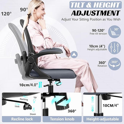 Office Chair Ergonomic Desk Chair with Adjustable 3D Lumbar Support and Height, Comfy Mesh Computer Chair with Flip-up Armrests, Swivel Rolling Task Chair with Wheels (Dark Gray)