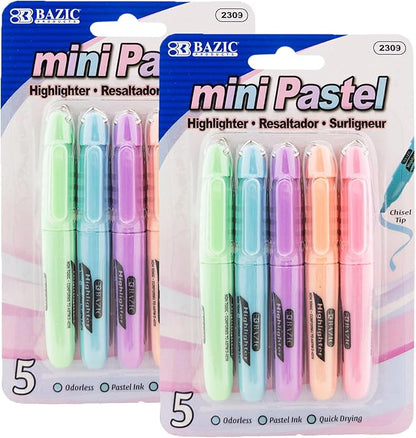 BAZIC Mini Highlighter Pen Pastel Color, Chisel Tip Broad Fine Line Highlighters Unscented (5/Pack), 2-Packs