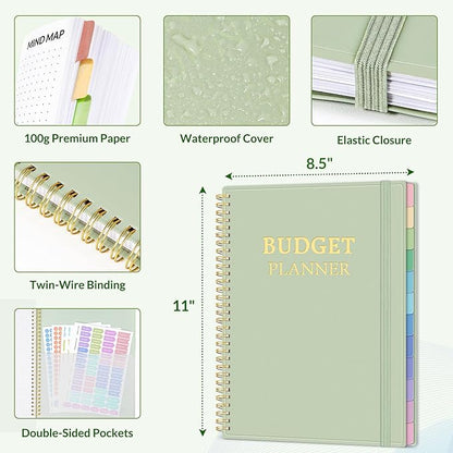 SUNEE Budget Planner - Monthly Budget Book with Expense Tracker Notebook, A4(8.5" x 11") Undated 12 Month Bill Organizer & Finance Planner to Manage Your Money, Account Book with Colorful Tab, Green