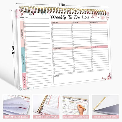 Weekly To Do List Notepad with 52 Undated Sheets（8.5"×11"）- Undated Weekly Desk Planner for Women & Man, School/Office Supplies - Whispering Petal