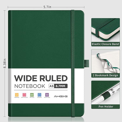 AHGXG Wide Ruled Notebook for School - Lined Journal for Women Men, 192 Numbered Pages, 100 GSM Thick Paper, A5 Hardcover Leather Notebook for Work, Writing, 5.7"×8.3" - Green