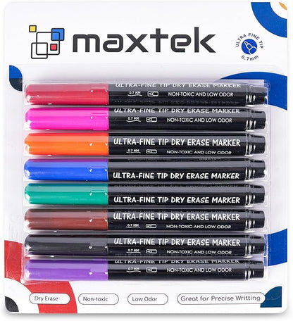 maxtek Dry Erase Markers Ultra Fine Tip, Assorted Colors, Low Odor, School Supplies Classroom Take Note Dry Erase Markers, 8 Counts
