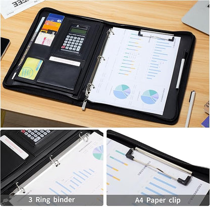 Portfolio Binder - 3 Ring Padfolio with Zipper, PU Business Portfolio Card Holder Tablet Sleeve A4 Writing Pad Clipboard, Meeting Document Organizer for Men Women