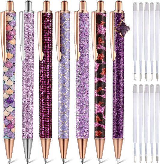 Sherr 7 Pcs Fancy Pens for Women Cute Sparkly Glitter Pens with 10 Pcs Black Ink Refills Pretty Gifts for Girls Office School Christmas Graduation(Purple,Stylish)