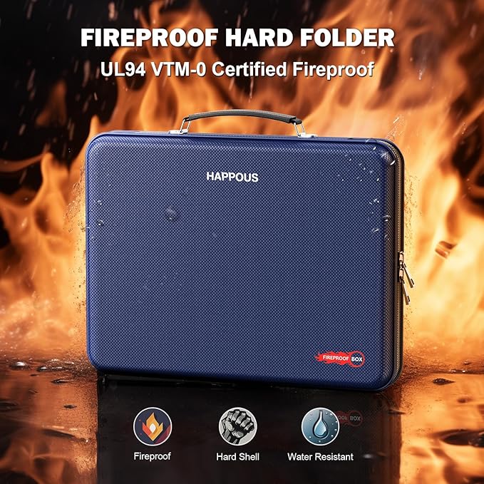 Fireproof File Organizer, Expanding File Folder with 13 Pockets, Portable Fireproof Document Box Hard-Shell Document Organizer Storage for Documents Laptop Passports Cards Blue