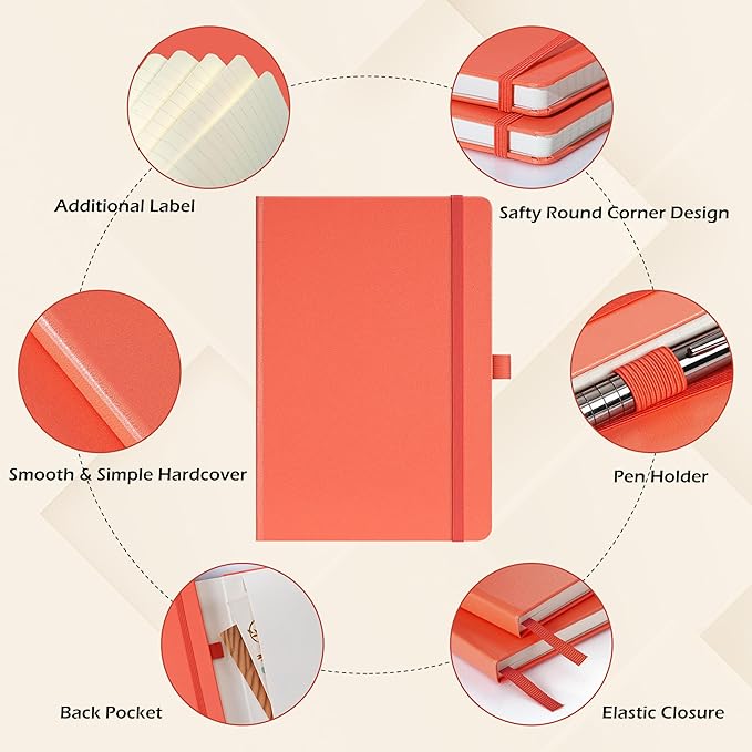 Ruled Notebook/Journal - Classic Lined Journal/Notebook, 5.3'' x 8.26'', Hardcover with Thick Paper, Banded + Pen Holder +Inner Pocket - Coral Pink