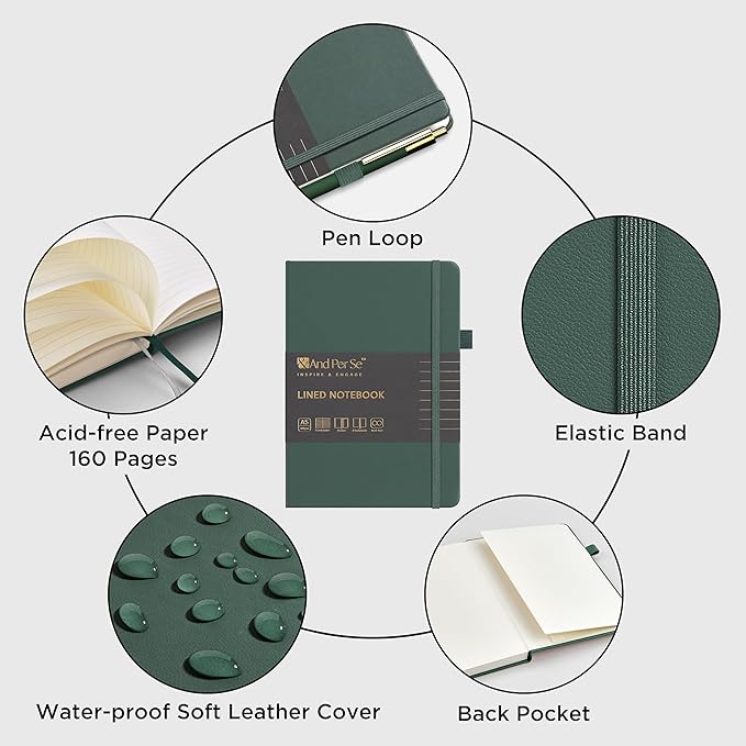 A5 Lined Leather Journal and Pen Set (3 packs), Hardcover Notebook with Pen, 160 Pages 100gsm Thick Ruled Paper for Men Women, for Work, Business, School or Home Writing, 5.7'' x 9'' (Green)