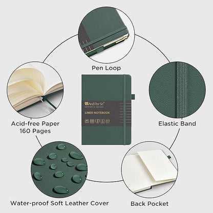 A5 Lined Leather Journal and Pen Set (3 packs), Hardcover Notebook with Pen, 160 Pages 100gsm Thick Ruled Paper for Men Women, for Work, Business, School or Home Writing, 5.7'' x 9'' (Green)