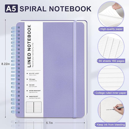 ABERLLS Purple Lined Spiral Journal Notebook with 160 Pages, 8×5.7in, A5 Spiral Notebook, Journaling Notebooks for Work, School, Women, Men, College Ruled Spiral Notebook, Hardcover Leather Journals