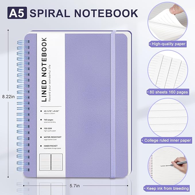 Lined Spiral Journal Notebook, A5 Hardcover Leather Notebook for Work, 5.7''×8.2'', 100GSM Thick Paper Spiral Bound Journaling Notebooks for Women & Men Office School Note Taking Business, Purple