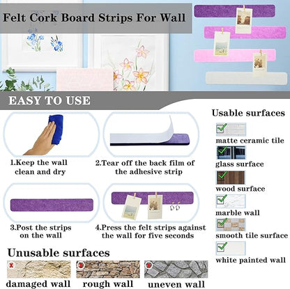 8Pcs Bulletin Board Strips, Purple Rose Felt Pin Board Bar Strips with 50 Pushpins, Self-Adhesive Felt Cork Board Strips for Wall to Display Your Notes, Photos, Schedules, Announcements