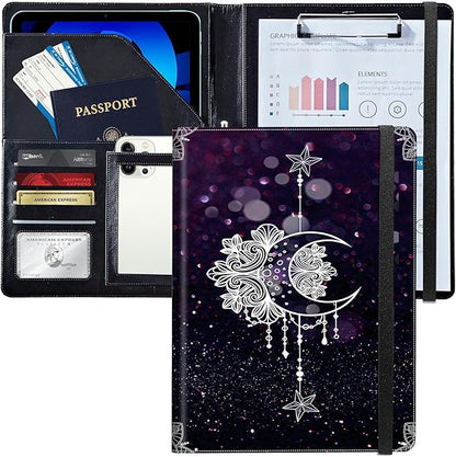 PU Leather Padfolio Folder Clipboard Portfolios Organizer Conference Document Organizer with Business Card Holder Storage Clipboard Writing Pad,Moon Star Galaxy Florals