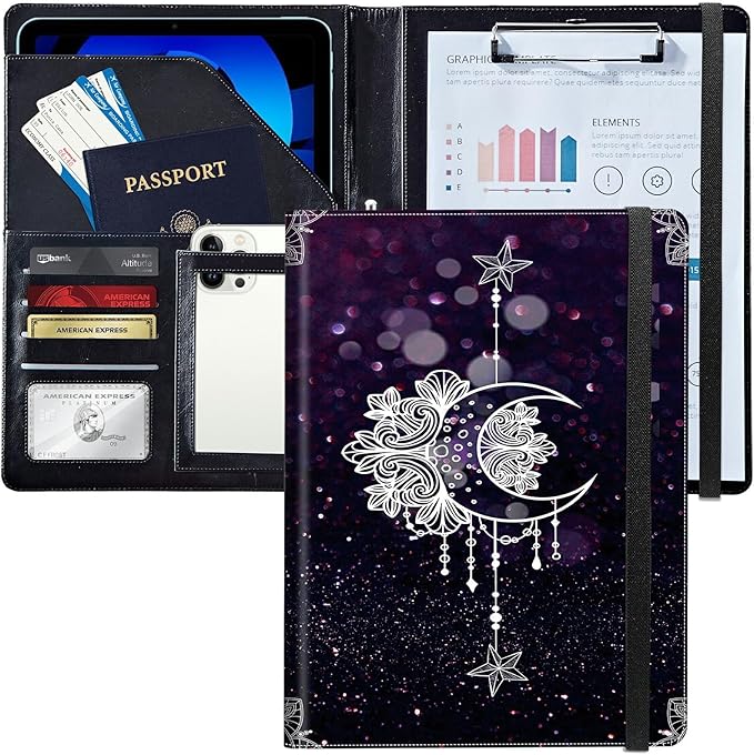 PU Leather Padfolio Folder Clipboard Portfolios Organizer Conference Document Organizer with Business Card Holder Storage Clipboard Writing Pad,Moon Star Galaxy Florals
