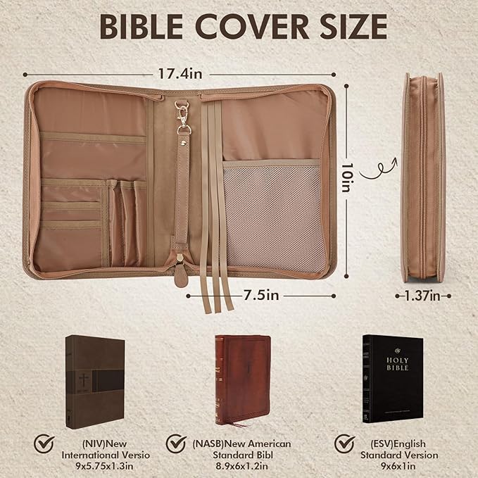 Bible Cover Case, Premium Bible Case, Leather Carrying Book Case with Handle&Zippered Pocket for Standard Size Bible and Bible Accessories, Ideal Gift for Women Men Lady Girls (Fits Smaller Bibles)