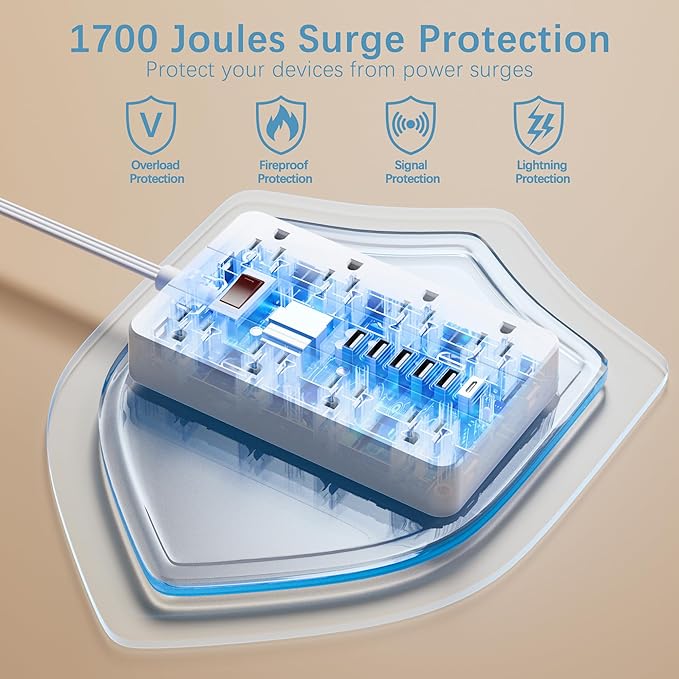 Extension Cord Power Strip Surge Protector 15 Ft, HUNIAN Flat Plug with 8 Widely Spaced Outlets 6 USB (1 USB C Port), Wall Mount Charging Station for Home and Office