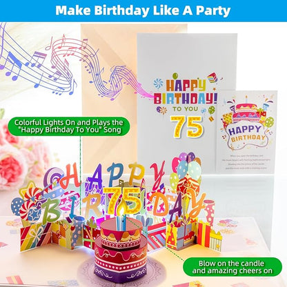 Gumry 75TH Musical Birthday PopUp Card, Blowable Colorful Light Candle 3D Cards with Song, Applause Cheers Sound, Greeting Cards Birthday Gifts Decorations for Women Men Turning 75 Years Old