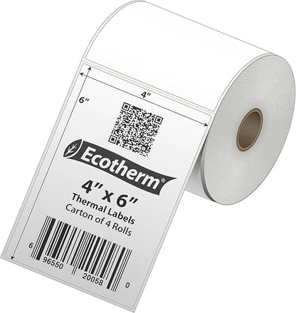 4" x 6" Thermal Labels | 4 Rolls | 1100 Labels | fits Zebra, Munbyn, Rollo, Godex, Arkscan, iDPRT, Offnova Thermal Label Printers and More | Blank White Adhesive Stickers by Ecotherm