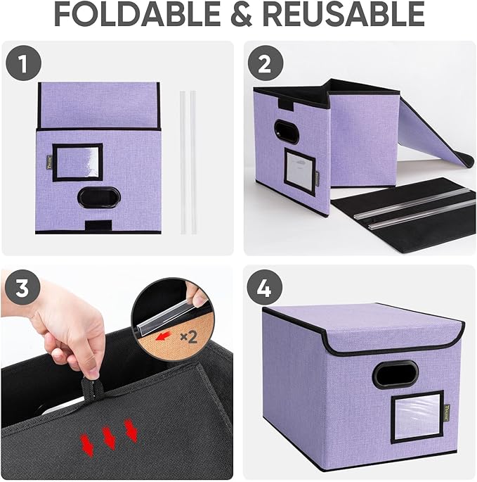 BALEINE File Organizer Box with Lid, Collapsible File Folder Organizer with Plastic Slide, Hanging File Folder Box for Office Document Storage (2 Pack, Purple)