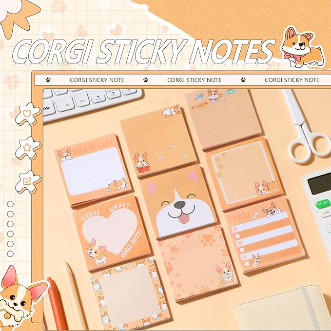 9 Pads Cute Sticky Notes Cartoon Animal Self Stick Notepads 3x3 Inches Notes Adhesive Memo Pad Office Decor Gifts for Students School Office Meeting(Corgi)
