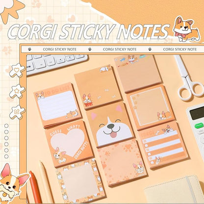 9 Pads Cute Sticky Notes Cartoon Animal Self Stick Notepads 3x3 Inches Notes Adhesive Memo Pad Office Decor Gifts for Students School Office Meeting(Corgi)