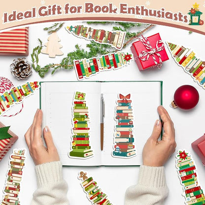 150 Pcs Book Tracker Bookmarks Bulk 6.3 x 1.97 Inch Bookshelf Design Bookmarks Paper Book Tracking Bookmark Double Sided Reading Page Markers for Book Lovers Students School (Christmas)