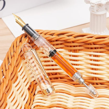 Asvine V126 Vacuum Filling Fountain Gold Plated Fine Point, Clear Demonstrator Pen, Large-Capacity with Gift Case