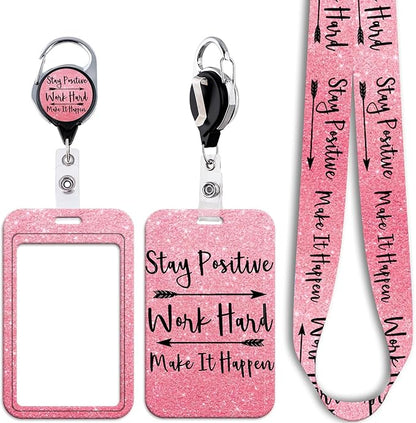 Pink ID Badge Holder Lanyard & Retractable Badge Reel Positive Lanyard for ID Badges Cute Key Lanyard for Women Girls Teachers Aesthetic Work & School Lanyard ID Holder Cruise Lanyard(Quote)