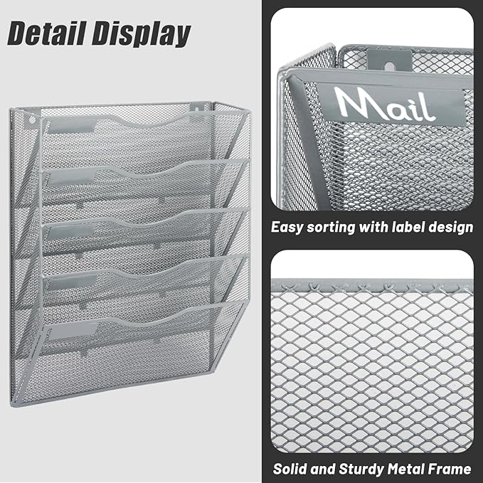 EASEPRES 5 Pocket Mesh Hanging Wall File Organizer, Wall Mounted Mail Paper Document Folder Holder, Clipboard Storage Organization Magazine Rack with Nametag Label for Office Home School, Gray