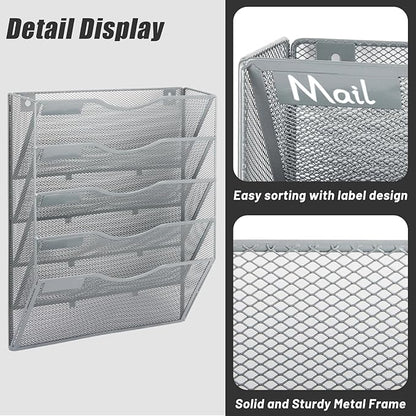 EASEPRES 5 Pocket Mesh Hanging Wall File Organizer, Wall Mounted Mail Paper Document Folder Holder, Clipboard Storage Organization Magazine Rack with Nametag Label for Office Home School, Gray