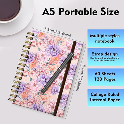Spiral Journal Notebook, A5 Cute Notebooks for Women Men, College Ruled Hardcover Notebook for Work & Note Taking, 60 Pages Double-Wire Journals for Writing Luxury Flowers